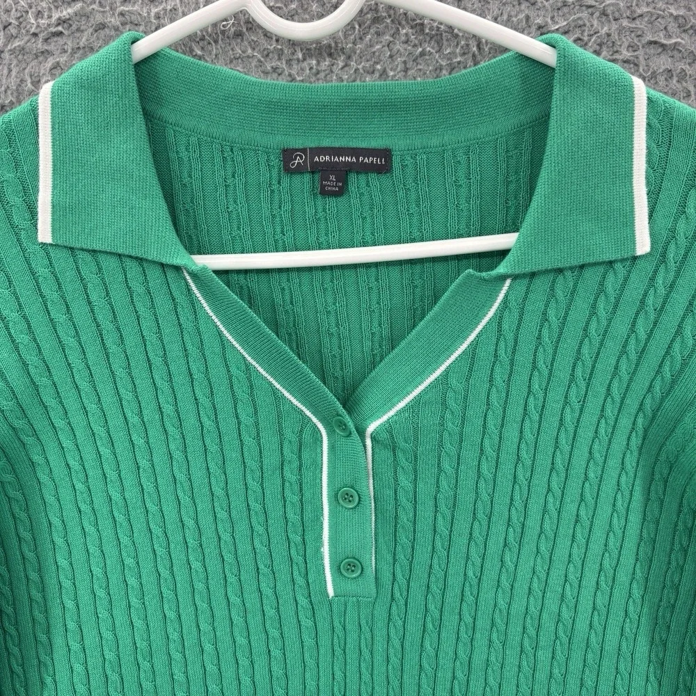 Adrianna Papell Sweater Womens XL Green Cable Knit Short Sleeve Collared Top